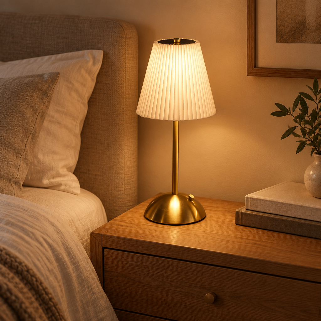 Pleated cordless table lamp with brass stem glowing on an oak nightstand beside a linen bed