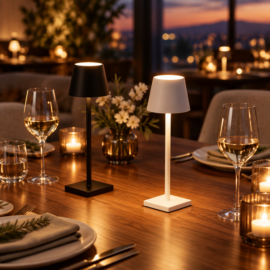 Black and white cordless dome table lamps glowing on a walnut dining table set for dinner