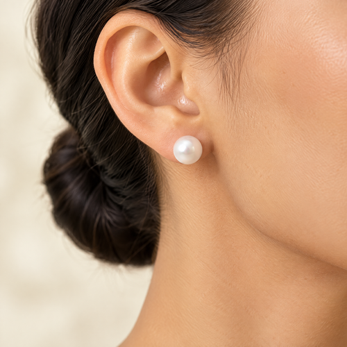 White freshwater pearl stud earring, worn