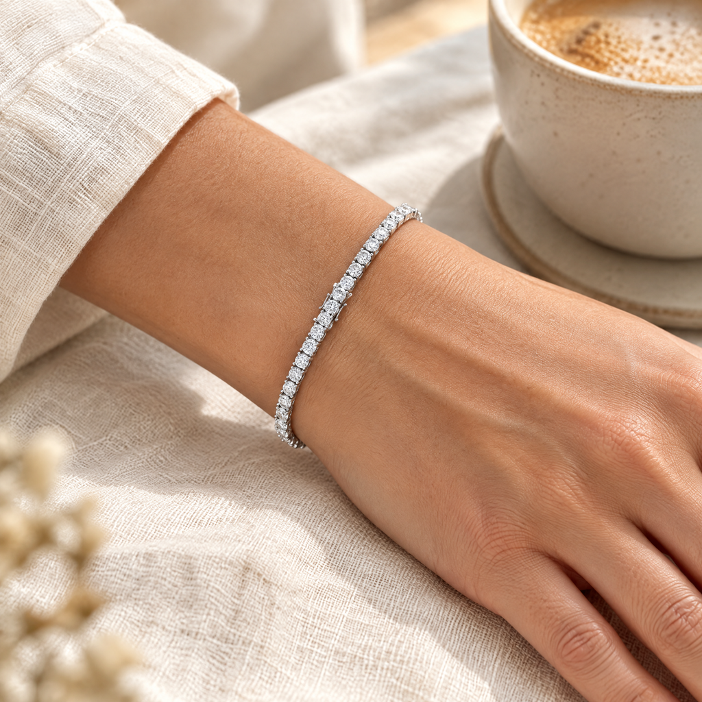 Moissanite tennis bracelet in sterling silver worn on the wrist