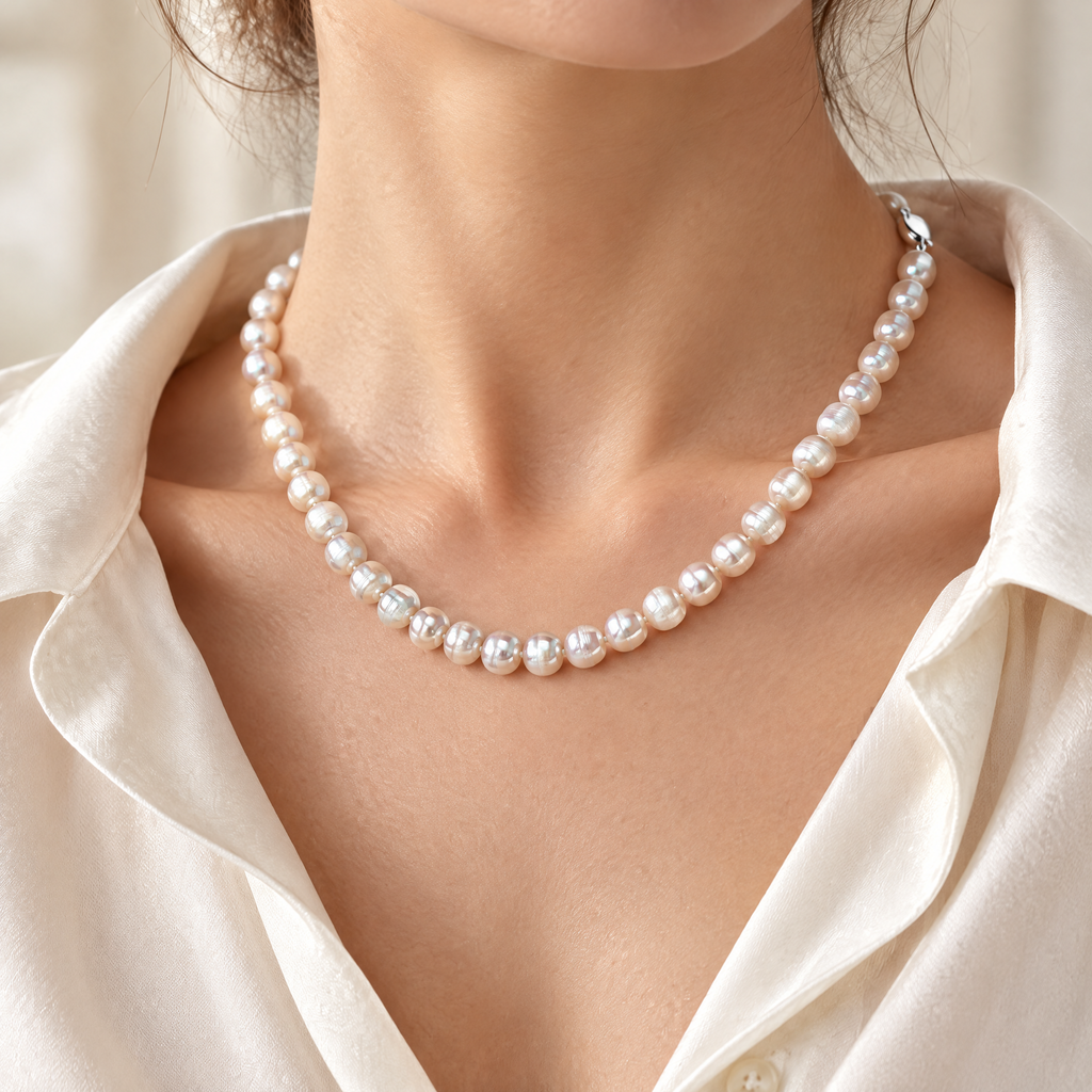 Baroque freshwater pearl necklace worn with an ivory silk blouse