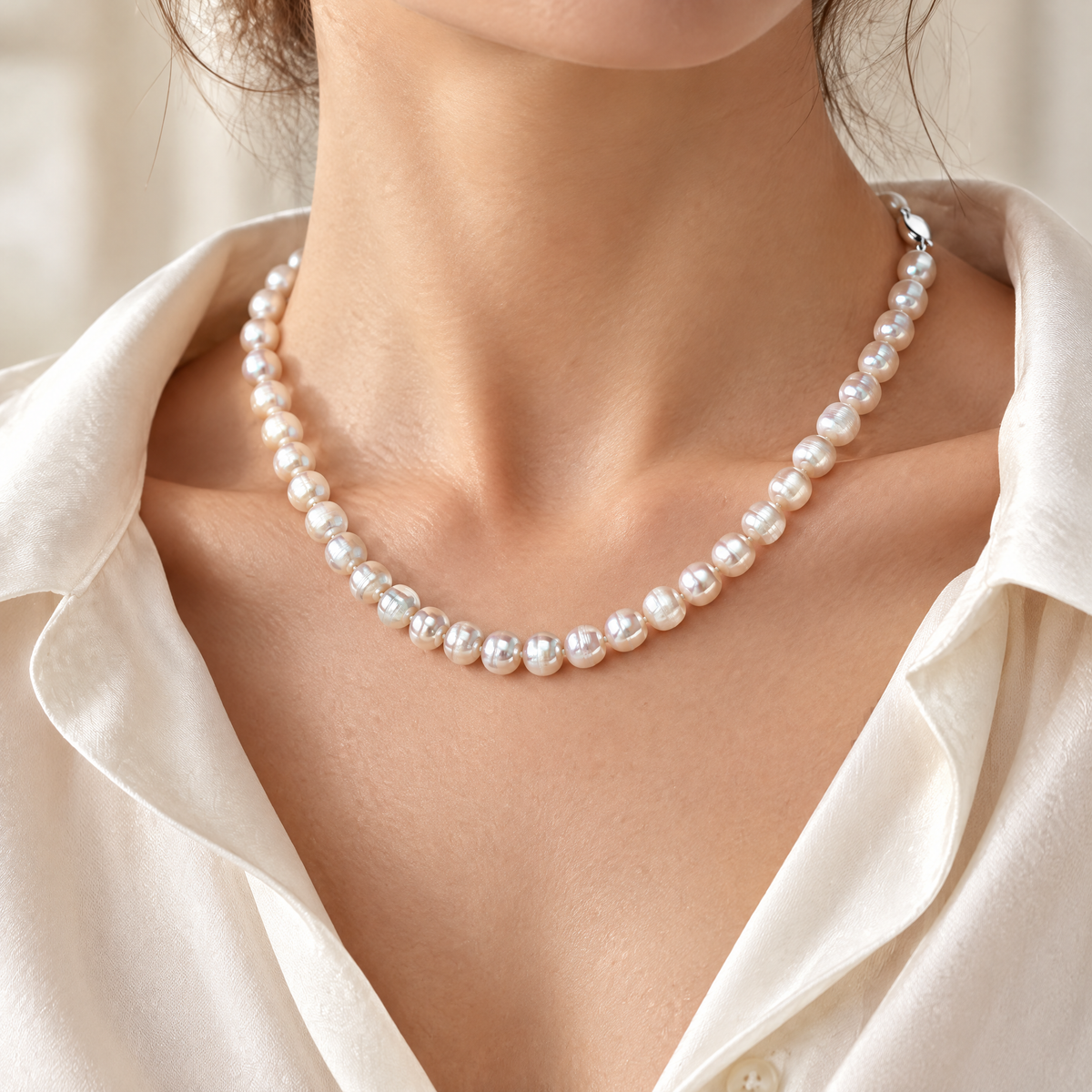 Baroque freshwater pearl necklace worn with an ivory silk blouse