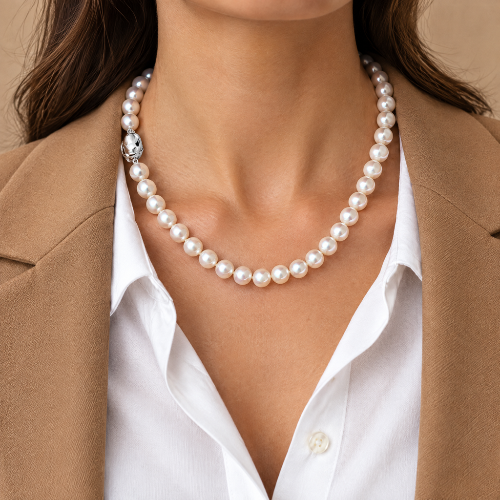 Classic freshwater pearl strand necklace worn with a white shirt and camel blazer
