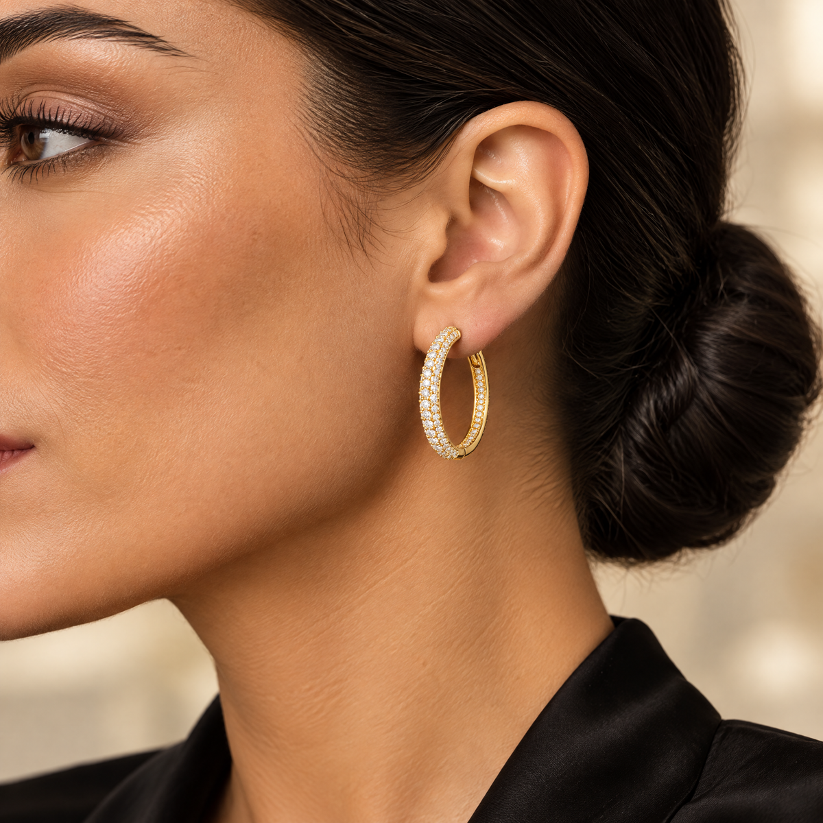 Gold pave hoop earring, worn
